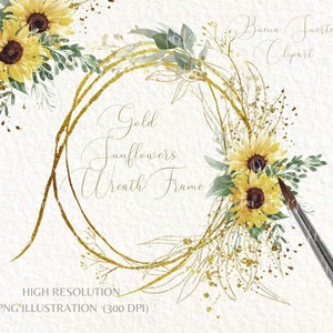 Groen gouden hart clipart-eucalyptus-zonnebloemen krans frame-bruiloft handgeschilderde aquarel gele bloemen-sublimatie-PNG-commercieel gebruik