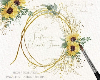 Green Gold Heart Clipart-Eucalyptus -Sunflowers Wreath Frame -Wedding Hand Painted Watercolor Yellow flowers -Sublimation-PNG-Commercial Use