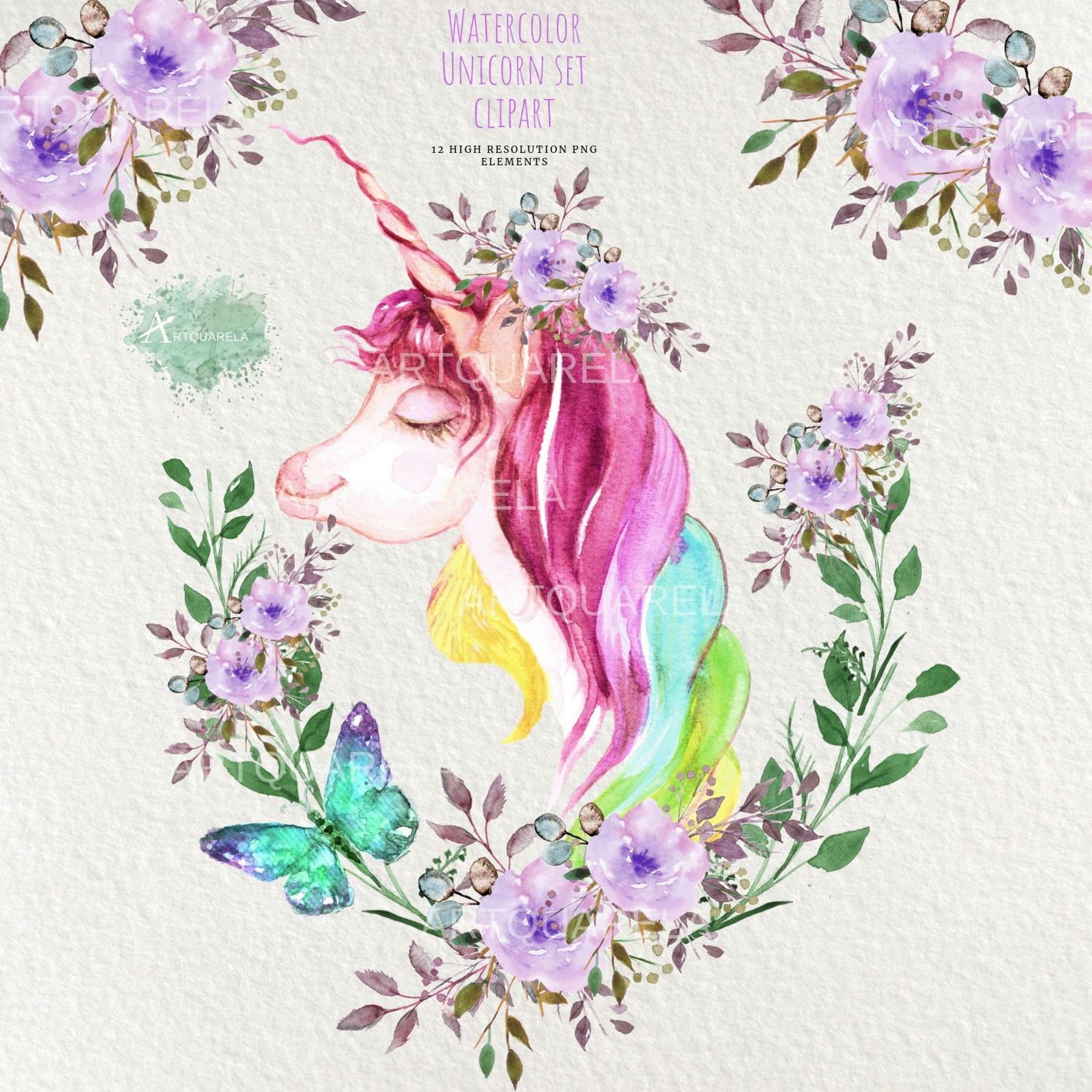 Unicorn Clipart Watercolor Rainbow Unicorn Clip Art Unicorn Png Files Unicorn Face Instant Download Sublimation Free