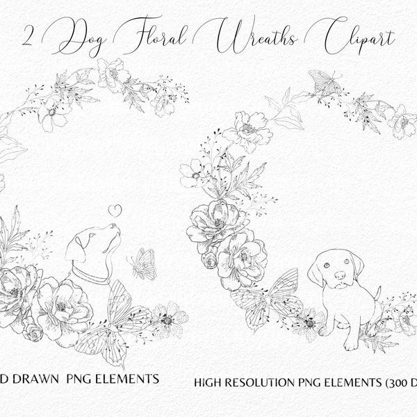 2 Dogs Floral  Wreath Frame Clipart- Hand Drawn Dog - Floral Pet Png Minimalist Frame Fine Line -Sublimation T-shirt  DIY Commercial Use