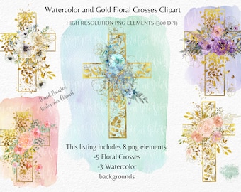 Watercolor & gold Floral Crosses Clipart,Holy spirit,Baptism,First Communion, Watercolor Background,Sublimation Invitations,Commercial Use