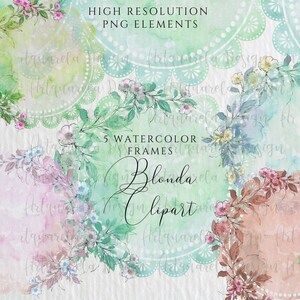 K&ouml;nnte beinhalten: F&uuml;nf Aquarell-Blumenrahmen mit einem zarten Spitzenmuster. Die Rahmen sind in Gr&uuml;n-, Rosa- und Braunt&ouml;nen gehalten. Der Text "Blonda Clipart" ist in einer kursivschriftlichen Schriftart geschrieben.