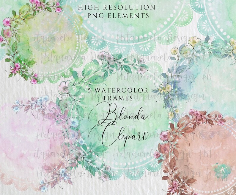 K&ouml;nnte beinhalten: F&uuml;nf Aquarell-Blumenrahmen mit einem zarten Spitzenmuster. Die Rahmen sind in Gr&uuml;n-, Rosa- und Braunt&ouml;nen gehalten. Der Text "Blonda Clipart" ist in einer kursivschriftlichen Schriftart geschrieben.