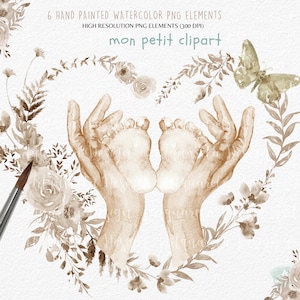 Mãos de aquarela com pés de bebê Clipart- Pés de recém-nascidos Png- Gravidez - Fertilidade - Coroa de maternidade Recém-nascido - Berçário Clipart- Uso comercial
