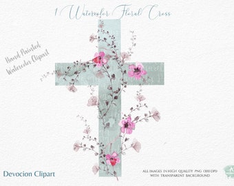 Cross Clipart -Green Blue  cross with flowers png -Floral Cross-First Communion -Church Cross -Baptism -Hand Painted  Watercolor Cross