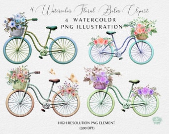 Floral Bicycle Clipart: Watercolor Vintage Bike PNG (Instant Download)