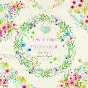 Watercolor Floral Wreaths Clipart, Blue flowers Poppies, Blush Roses,berries Clipart,Romantic heart frame,Greenery wreaths Commercial use
