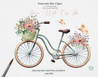 Floral Bicycle Clipart: Watercolor Bike PNG, Wedding Design (Digital Download)