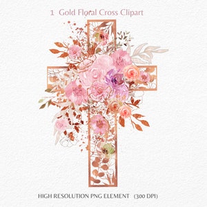 Aquarell & Rose Gold Blumen Kreuz Clipart, Heiliger Geist, Taufe, geschnitztes Kreuz PNG religiöse Hochzeit Clipart für Einladungen, kommerzielle Nutzung
