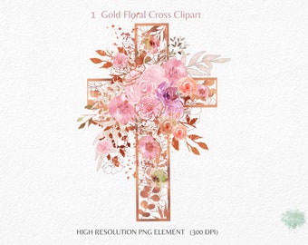 Watercolor & Rose Gold  Floral Cross Clipart,Holy spirit, Baptism, Carved cross PNG Religious Wedding Clipart For invitations,Commercial Use