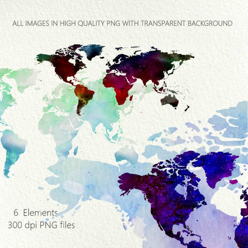 6 World maps clipart,Watercolor maps png.Mapamundi clipart Silhouette Continents clipart.Sublimation. Instant download,Commercial Use image 3