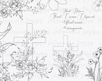 Black white floral crosses clip Art set -flowers line art- Hand drawn  Baptism cross png - First  communion crosses -Instant download