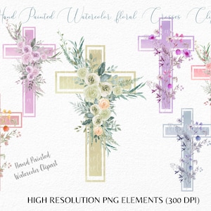 6 Aquarell Pastell Blumen Kreuze Clipart PNG-Taufe Clipart -Katholische Kreuze-Erste Kommunion -Religiöse Ostern Clipart-Kommerzielle Nutzung