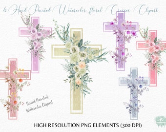 6 Watercolor pastel floral crosses clipart PNG-Baptism Clipart -Catholic Crosses-First Communion -Religious easter clipart-Commercial Use