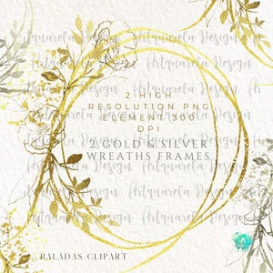 2 gouden en zilveren kransen frames clipart, handgetekende verfraaide ovale randen, glitter bloemen frames minimalistisch trendy ontwerp commercieel gebruik