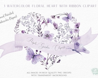 Akvarell blommigt hjärta Clipart: Lila vildblommor med band (PNG)