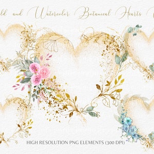 5  Gold  & Watercolor Hearts with Eucalyptus and Flowers Clipart-Botanical Heart Wreath Frame PNG- Hand Drawn Glitter Hearts- Commercial Use