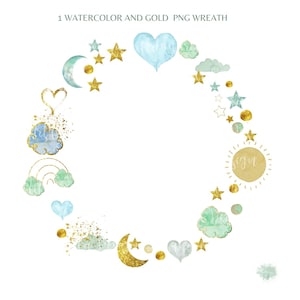 Aquarell Pastell Blau und Gold Kranz Clip Art -Wolken- Sterne- Mond- Glitzer Regenbogen-Kinderzimmer Kranz- Neugeborene png Kommerzielle Nutzung