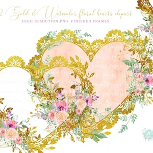 2 Lace floral hearts Clipart ,Vector png,finished frames ,Gold Laces heart, Pink Roses wreaths,floral romantic heart frames  clipart Wedding
