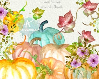 Pumpkins clipart. Hand Painted Watercolor clip Art. Fall clipart. Autumn clipart. Halloween clipart. Lilac Flower png,For Commercial Use
