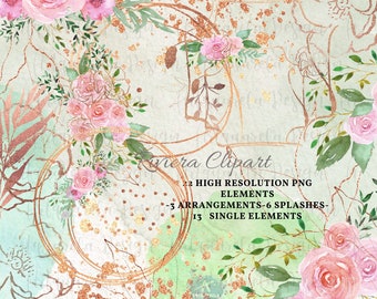 Rose Gold Floral Clipart Set, Watercolor Flowers (PNG Digital Download)