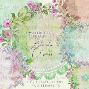 K&ouml;nnte beinhalten: F&uuml;nf Aquarellrahmen mit zarten floralen Designs in Rosa-, Blau- und Gr&uuml;nt&ouml;nen. Die Rahmen eignen sich perfekt, um Ihren digitalen Projekten einen Hauch von Eleganz zu verleihen.
