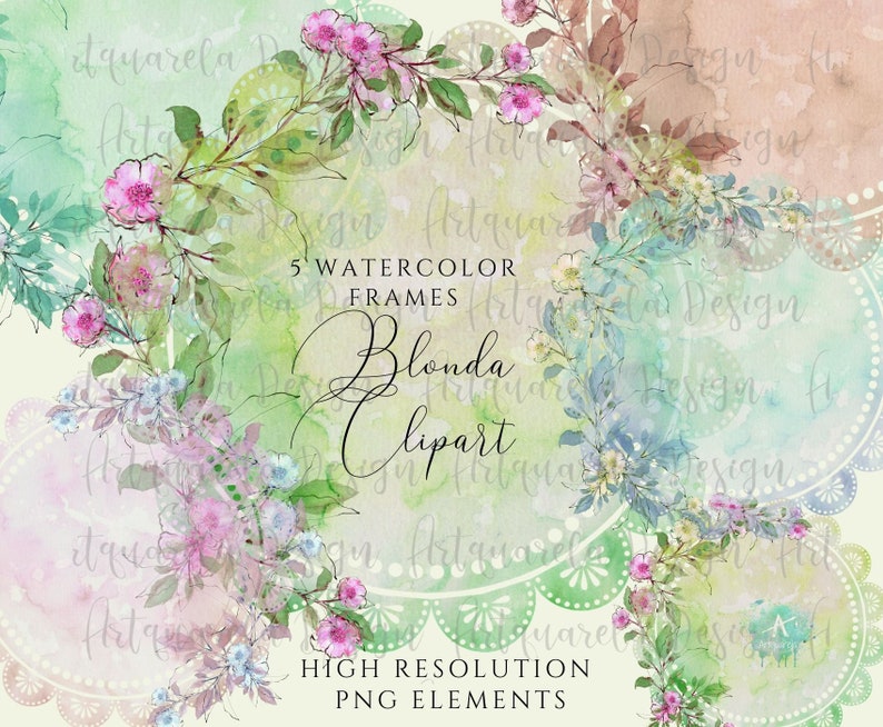 K&ouml;nnte beinhalten: F&uuml;nf Aquarellrahmen mit zarten floralen Designs in Rosa-, Blau- und Gr&uuml;nt&ouml;nen. Die Rahmen eignen sich perfekt, um Ihren digitalen Projekten einen Hauch von Eleganz zu verleihen.