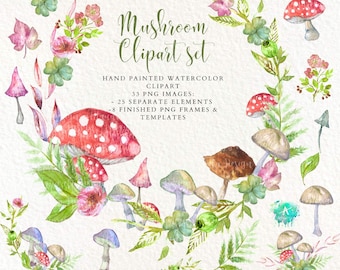 Hand Painted Watercolor Mushroom clipart set, wreaths,frames leaves, fairytale,halloween,harvest Instant download Sublimation Commercial Use