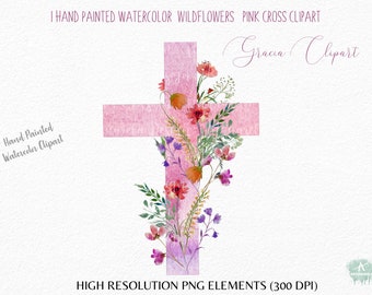 水彩画の花の十字架のクリップアート：ピンクの野花 PNG（デジタルダウンロード）