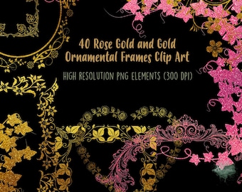 Goud- en roségouden bloemenlijsten illustraties: glitterkransen (PNG, commercieel gebruik)
