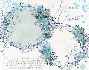 Blue Roses Floral Wreaths Clipart, Watercolor PNG Frames (Digital Download)