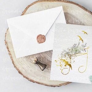 May include: A white card with a gold musical note design. The note is filled with a watercolor floral arrangement and two birds. The card is on a wooden surface with a white envelope and a wax seal.