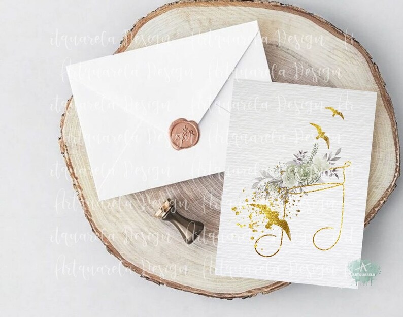 May include: A white card with a gold musical note design. The note is filled with a watercolor floral arrangement and two birds. The card is on a wooden surface with a white envelope and a wax seal.