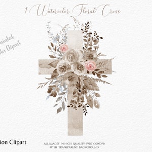Aquarell Kreuz Clipart PNG-Neutral Ton Blumenkreuz -Katholisches Kreuz-Erste Kommunion -Kirchenkreuz -Taufe - Verziertes Kreuz mit Rosen