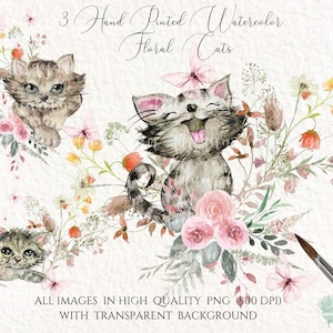 Cats Clipart Hand Painted  Watercolor Floral Cats illustration PNG , Butterfly, Cat with Wildflowers ,Kitten Sublimation Commercial Use