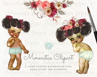 Aquarel Afro-Amerikaanse babymeisje clipart (digitale png-download)