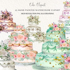 Hand painted watercolor floral cake clipart,Wedding cake in format PNG, Birthday cake illustration Invitation,High resolution Commercial Use
