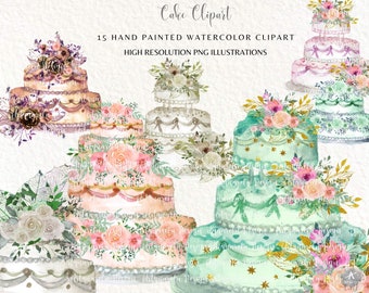 Watercolor Floral Cake Clipart, Hand-Painted PNG Illustrations (Digital Download)