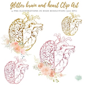 May include: Four digital illustrations of a brain and heart with a glitter effect. The brain and heart are gold and pink. The illustrations are surrounded by watercolor flowers.