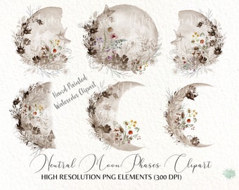 Watercolor Moon Phases Clipart: Neutral Floral Boho PNG