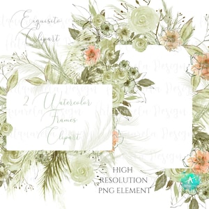 2 cadres d'herbe de la pampa-cadres bohèmes aquarelle beige vert-faire-part de mariage-fleurs pêche neutres-téléchargement instantané-usage commercial