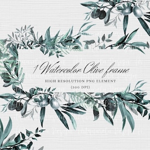 1 Cornice di foglie di ulivo acquerello Clipart- Cornice verde- Bordo rettangolare PNG- Rami di ulivo- Design alla moda- Sublimazione- Uso commerciale