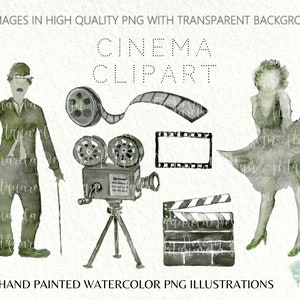 Cinema Clipart Movie  Clipart  Hand painted Watercolor illustrations  Charlie Chaplin Marilyn Monroe Film  Vintage icons  PNG SUBLIMATION