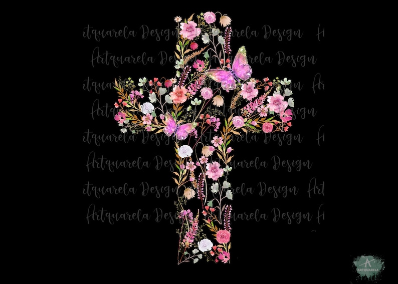 Watercolor Floral Crosses Clipart Hand painted wildflowers Crosses-Vector png-Baptism cross Easter Sublimation Cross Commercial Use zdjęcie 3