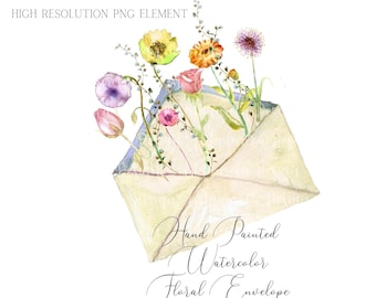 Watercolor envelope with wildflowers PNG file transparent background, floral clipart, Watercolor clipart, Instant download