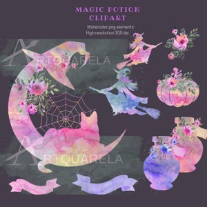 May include: Watercolor clipart set featuring a witch flying on a broomstick, a crescent moon with a spiderweb and a cat, a pumpkin, a bottle of potion, and two banners. The colors are pink, purple, and blue.