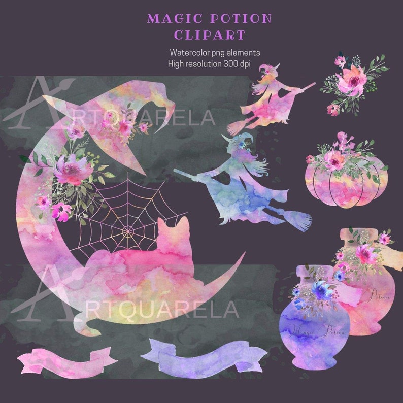 May include: Watercolor clipart set featuring a witch flying on a broomstick, a crescent moon with a spiderweb and a cat, a pumpkin, a bottle of potion, and two banners. The colors are pink, purple, and blue.