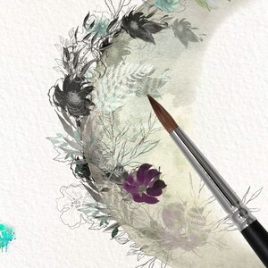 May include: A watercolor painting of a floral wreath with a paintbrush in the foreground. The wreath is made up of black and white flowers, leaves, and ferns. The paintbrush is brown and silver with black bristles.