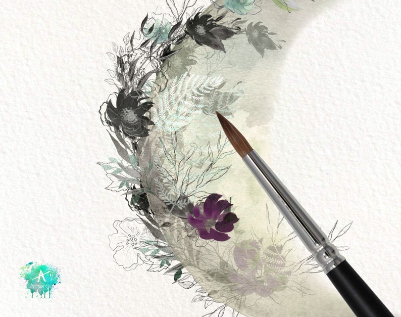 May include: A watercolor painting of a floral wreath with a paintbrush in the foreground. The wreath is made up of black and white flowers, leaves, and ferns. The paintbrush is brown and silver with black bristles.