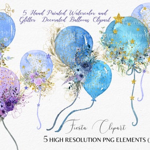 Hand Painted Watercolor and Gold floral Balloons Clipart, Blue purple  Balloons with confetti party Birthdays Clipart PNG  Commercial use